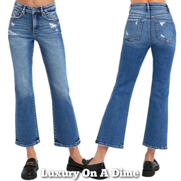 RISEN High-Rise Tummy Control Retro Jeans Distressed Bootcut Ankle Denim Pants - Picture 1 of 16
